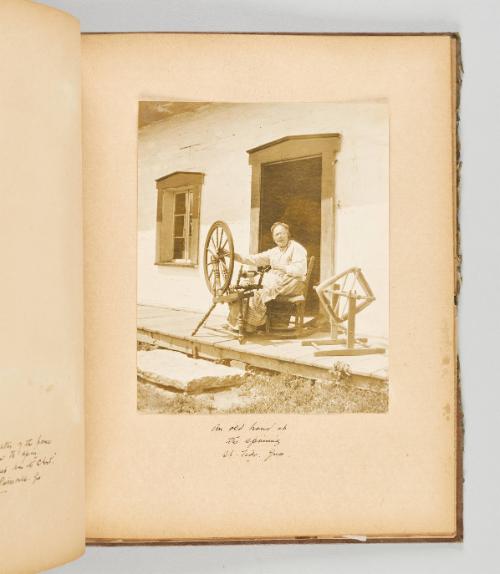 An old hand at the spinning. St. Tite, Que. [Page 40 of Quebec I; from collection of Canadian albums compiled by Edith S. Watson, 1890s-1930s]