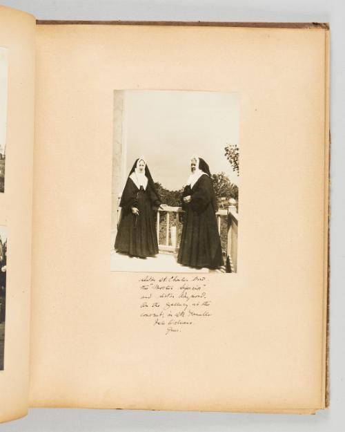Sister St. Charles Bow, the "Mother Superior" and Sister Raymond, On the gallery at the convent, in Ste. Famille, Isle Orleans, Que. Page 13 of Quebec II; from collection of Canadian albums compiled by Edith S. Watson, 1890s-1930s
