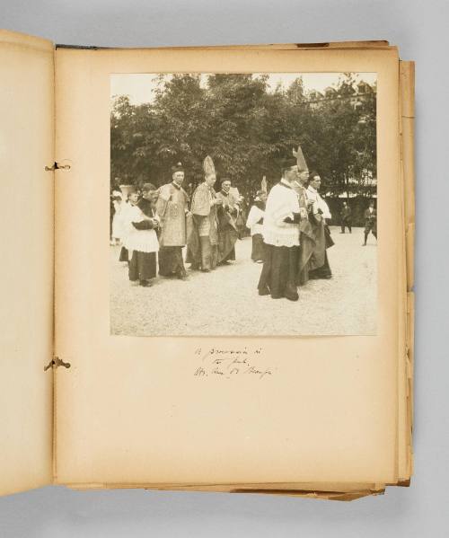 A procession in the park, Ste. Anne de Beaupré. Page 25 of Ste Anne de Beaupré; from collection of Canadian albums compiled by Edith S. Watson, 1890s-1930s