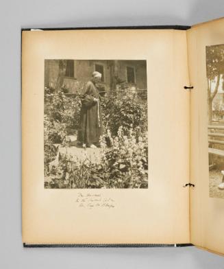 Mr. Hoswell in the convent garden. Ste. Anne de Beaupré. Page 4 of Ste Anne de Beaupré; from collection of Canadian albums compiled by Edith S. Watson, 1890s-1930s