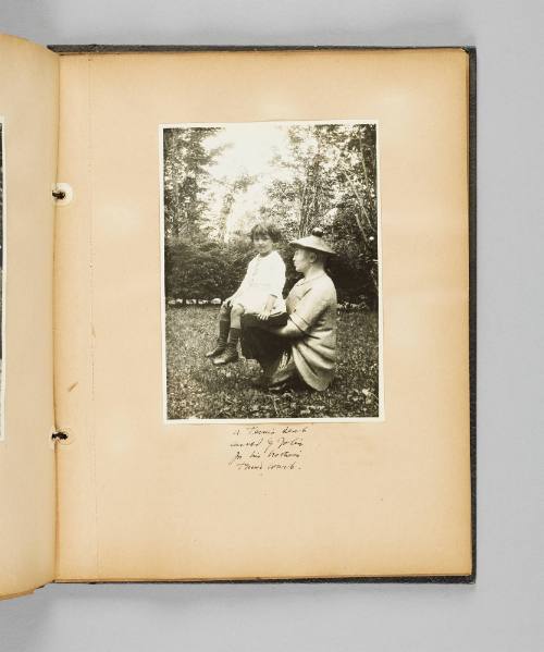 A tennis seat carved by Jobin for his brother's tennis court. Page 67 of Ste Anne de Beaupré; from collection of Canadian albums compiled by Edith S. Watson, 1890s-1930s