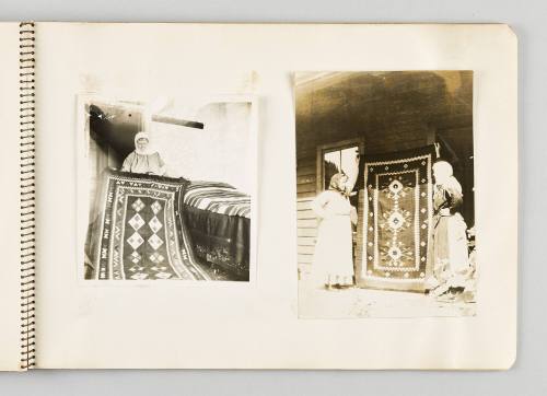 [Women showing off their colourful Russian rugs] [Page 51 of The Doukhobors I album]