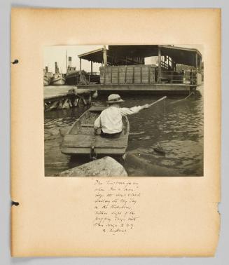 "The towboat for me when I'm a man," says the Sorel child sailing its toy tug on the Richelieu within sight of the puffing tugs, with their barges to N.Y. or in Montreal. Montreal [Page 19 of Children album]
