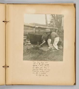From Early spring until late in the fall by every highway in Rural Quebec one happens upon many a housewife, turning with titadinous service a great iron pot or cauldron! In Petit Pré Que. [Page 37 of Wells and Pots album]
