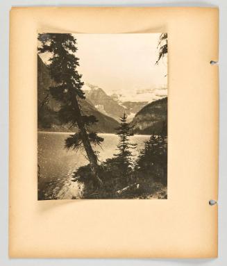 A tall pine leans out of the frame in the foreground of a lake and mountain view] [Page 22 of Banff, Lake Louise album]
