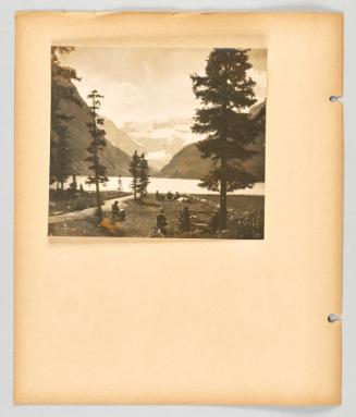 Folks sitting on benches and chairs to enjoy the view at Lake Louise] [Page 20 of Banff, Lake Louise album]