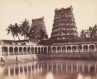 Madura. The Great Pagoda, Mootoo Alaghur and East Gopurum from Tank