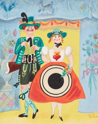 Man and woman in costume in front of decorated curtain