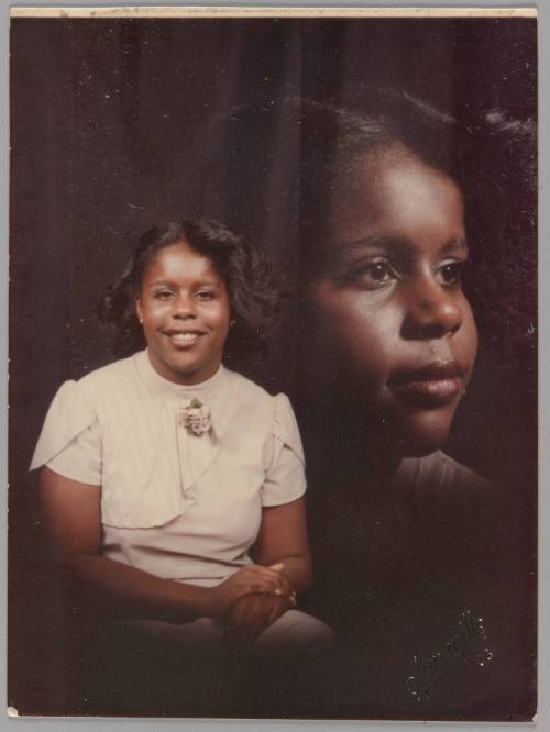 Carmen (14 yrs) 1983 [Montage of two portraits of teenage girl, in one image she is sitting with her hands together in a white dress, the second image is a profile of her face]