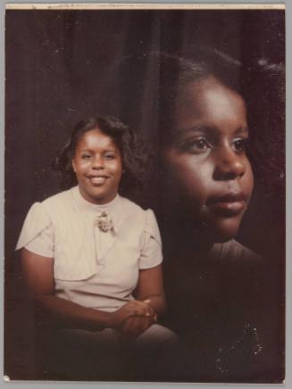 Carmen (14 yrs) 1983 [Montage of two portraits of teenage girl, in one image she is sitting with her hands together in a white dress, the second image is a profile of her face]
