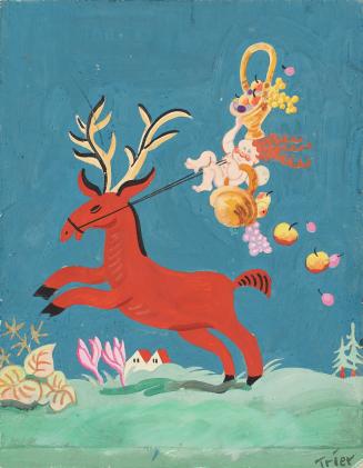 Rearing Reindeer with Sprite Laden with Fruit Basket