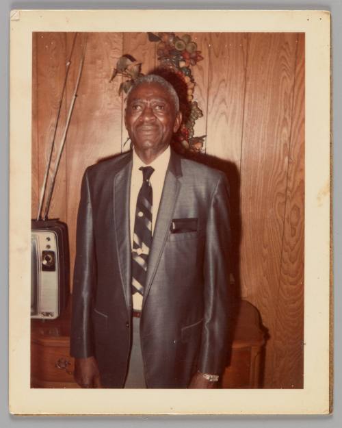 [Older man in a suit and a black and white tie, he is standing in a wood panelled room with a television and plant]