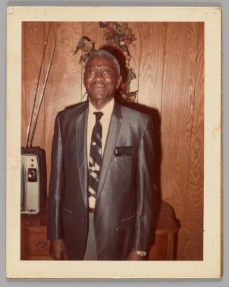 [Older man in a suit and a black and white tie, he is standing in a wood panelled room with a television and plant]