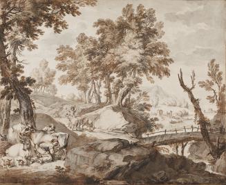 A Wooded River Landscape, with a boy driving sheep, and a woman milking a Cow