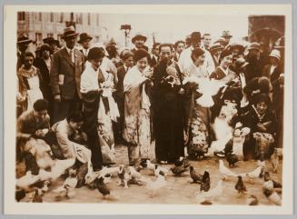 Japanese locals feed the pigeons in an area similar to St. Mark's Square in Venice, Italy