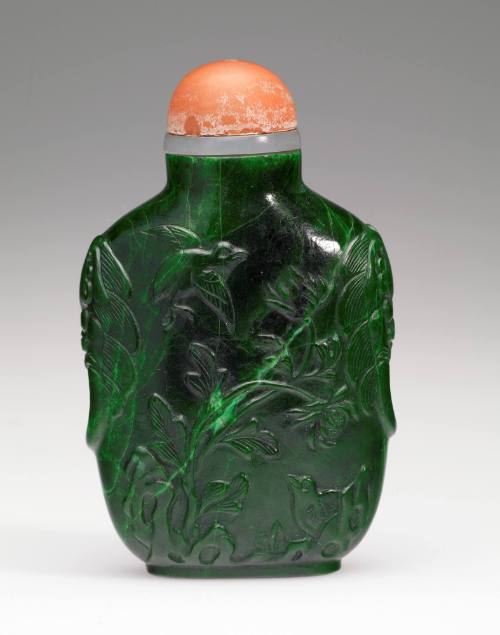 Snuff Bottle with Quails and Lion Mask Handles