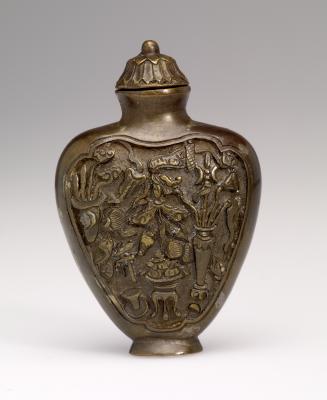 Snuff Bottle in Bronze with two Monkeys, a Deer, a Butterfly and Buddhist Symbols