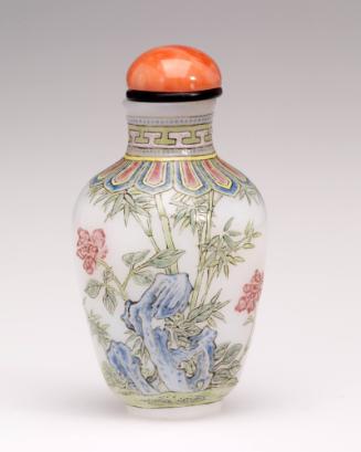 Snuff Bottle, with enamelled flowers, rocks and bamboo