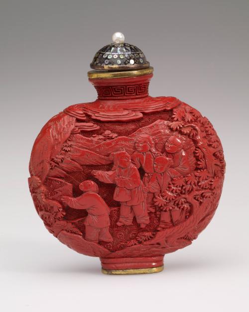Snuff Bottle, with carved depiction of children in a garden