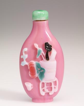 Snuff Bottle, with overlay depicting fruits, flowers and scholarly objects