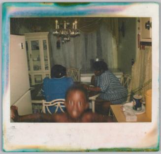 [Two adults sitting at dining table, boy is jumping into frame]
