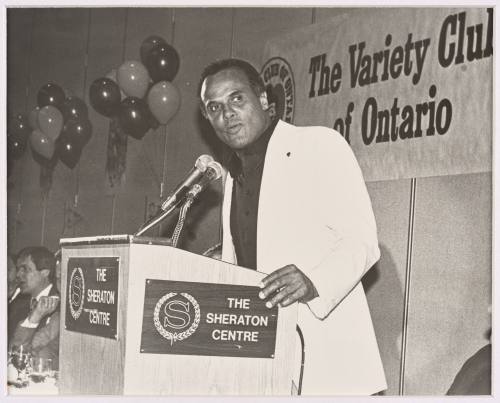 Harry Belafonte speaks at the Variety Club Luncheon for the Toronto Argos at the Sheraton Centre