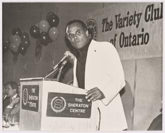 Harry Belafonte speaks at the Variety Club Luncheon for the Toronto Argos at the Sheraton Centre