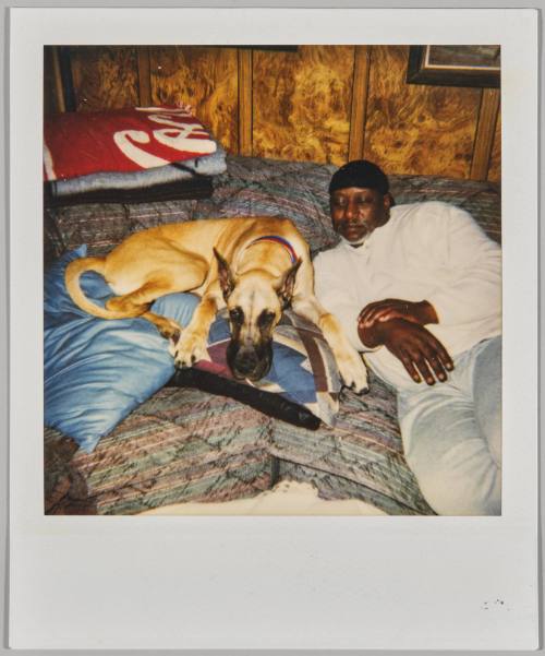 [Man in white shirt lying down with a dog in a wood paneled room]