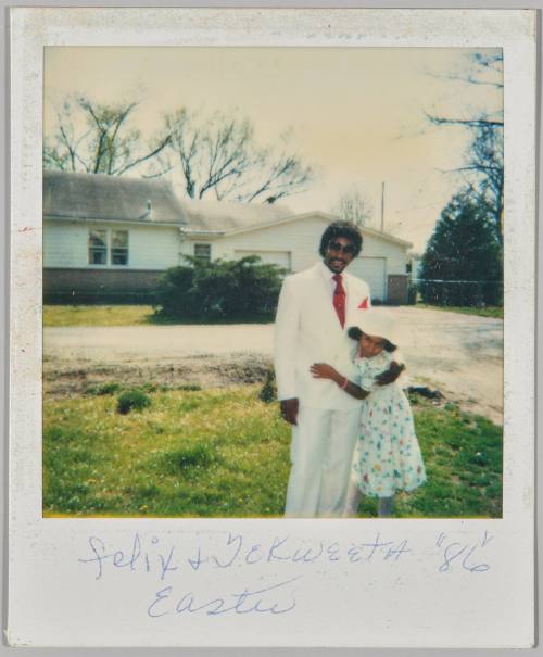 Felix + Tekweeta Easter "86" [Girl in white hat hugging man in suit on front lawn]