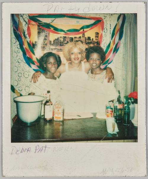 Party down! Debra Pat Noreen [illeg.] May 26-78 [Three women standing behind bar with streamers behind them]