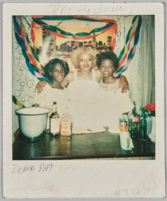 Party down! Debra Pat Noreen [illeg.] May 26-78 [Three women standing behind bar with streamers behind them]