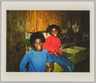 [Young boy and girl in kitchen, girl is sitting on counter top near the kitchen sink]
