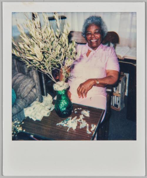 Levonia Brown 81st Birthday, July 4, 1986 [Elderly woman in chair with plant and money laying on the table in front of her]
