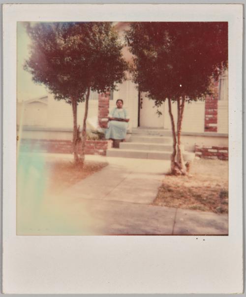 [Woman in blue dress seated on concrete staircase with trees]
