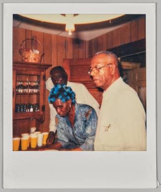 [Woman with rollers in hair with two men in wood panelled room]
