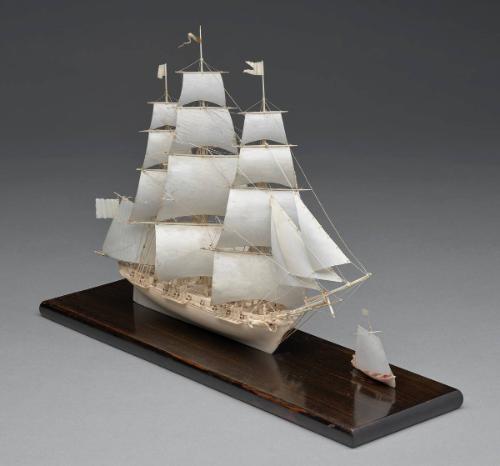 Ivory Dieppe Ship Model of a Fully Rigged Flush-Decked Corvette of 20 guns with a pilot boat at the bow