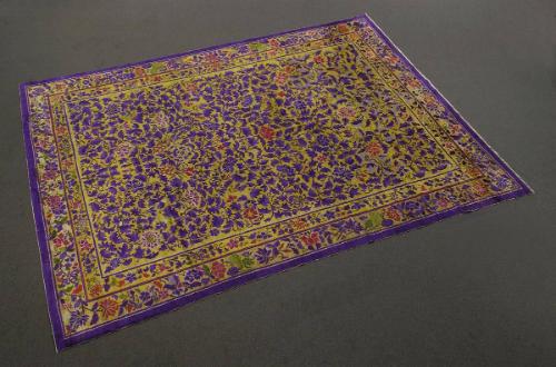 Carpet: an all over scrolling vine with leaves and flowers, butterflies, arranged on a bright yellow ground