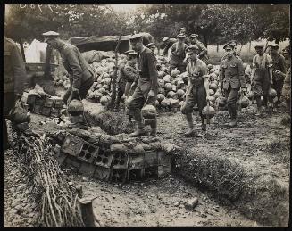 Taking trench mortar ammunition up to the trenches. Battle of the Somme
