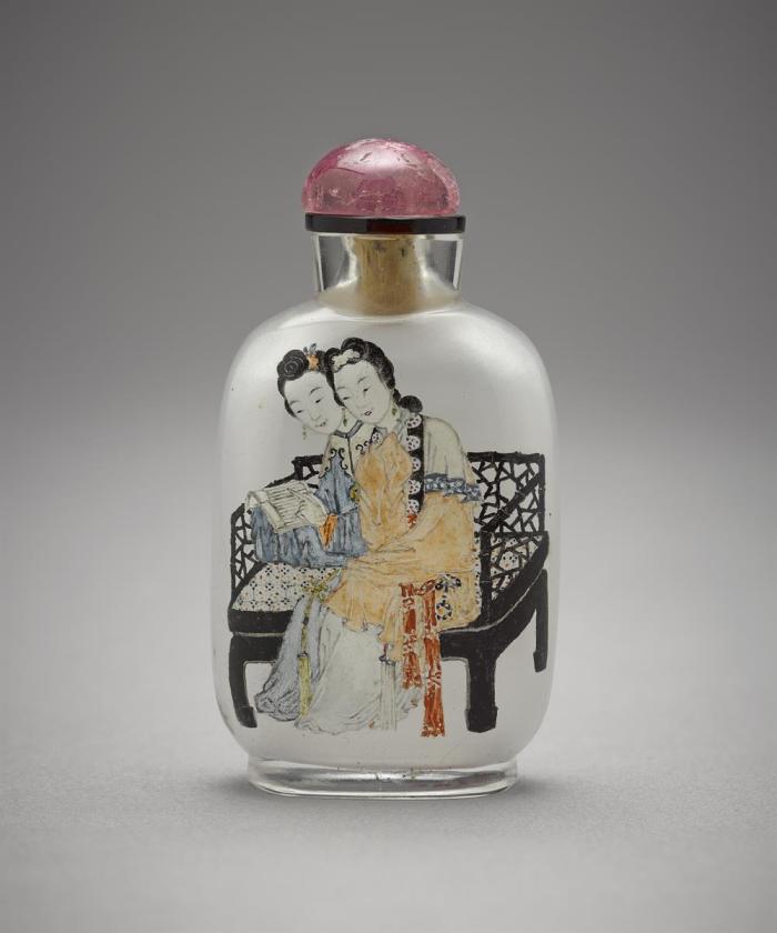 Snuff Bottle in glass with two sisters and a poem