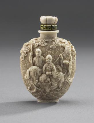 Snuff Bottle, with carved Daoists, elephant and foo dog