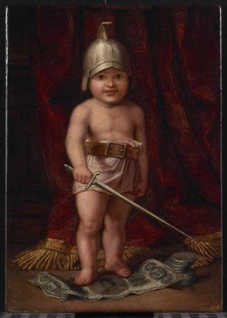 Enfant casqué gardant un trésor