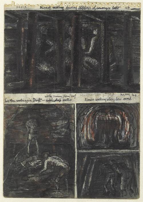 Page from Coalmine Sketchbook: Study for Miners Resting During Stoppage of Conveyor Belt