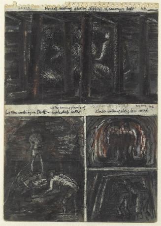 Page from Coalmine Sketchbook: Study for Miners Resting During Stoppage of Conveyor Belt