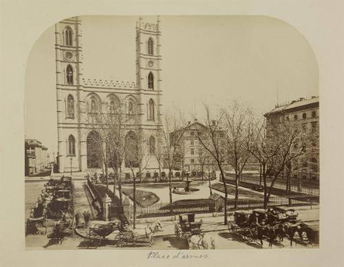 Place d'Armes, Montreal; Christchurch Cathedral, St. Catherine Street Montreal, 1869 (verso); Victoria Bridge c 1870