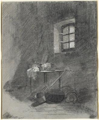 A Farm House Interior with a Table and Baskets