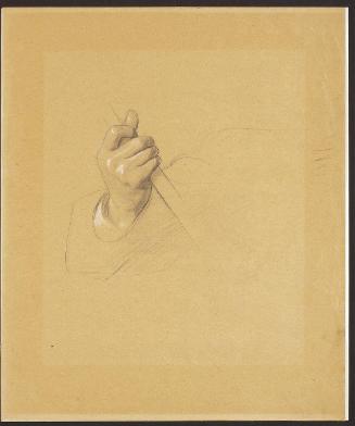 Rechte Hand eines bekleideten Mannes mit Stab