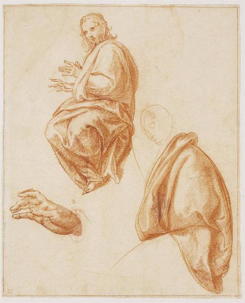 Sheet of Studies with a Seated Young Man and details of his Drapery and Right Hand
