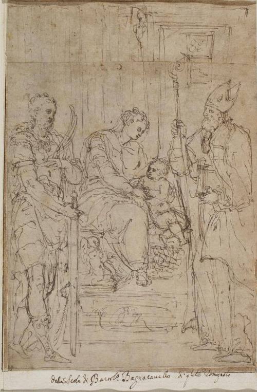 Virgin and Child and Attendant Figures (verso);  [recto: 68/2 Pastorini, Pastorino: A Group of Roman Soldiers with Lances, Swords and Banners]