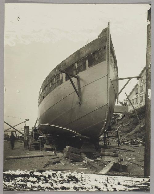 Tug under construction at the Pontbriand Ltée, Sorel, QC [Completed bow (front) of boat hull]