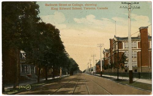 Bathurst Street at College, showing King Edward School, Toronto, Canada
